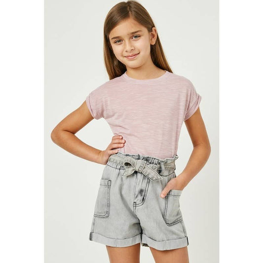 Girls Belted Washed Denim Shorts