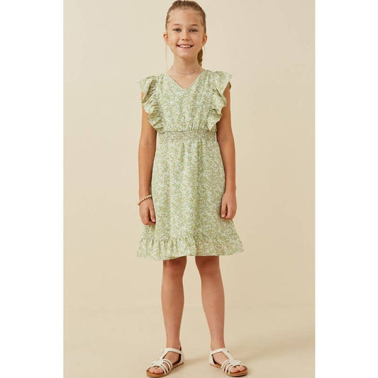 girls dress green floral print v neck 