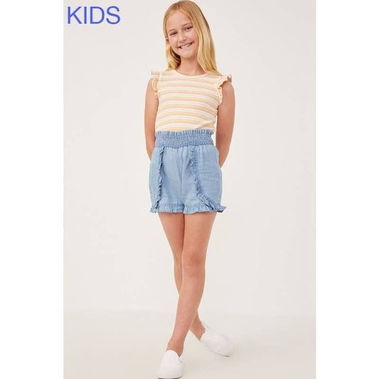 Girls Tencel Smocked Waist Ruffled Shorts in Light Denim