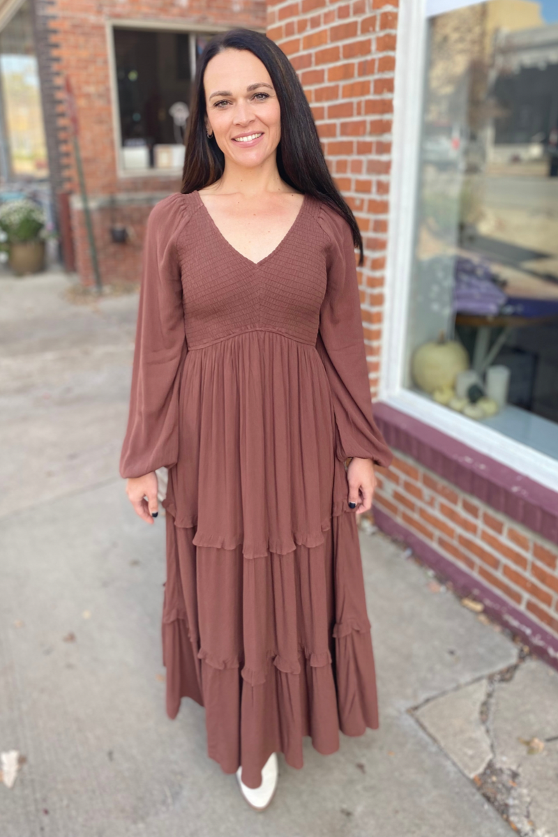 long sleeve dress, brown maxi dress