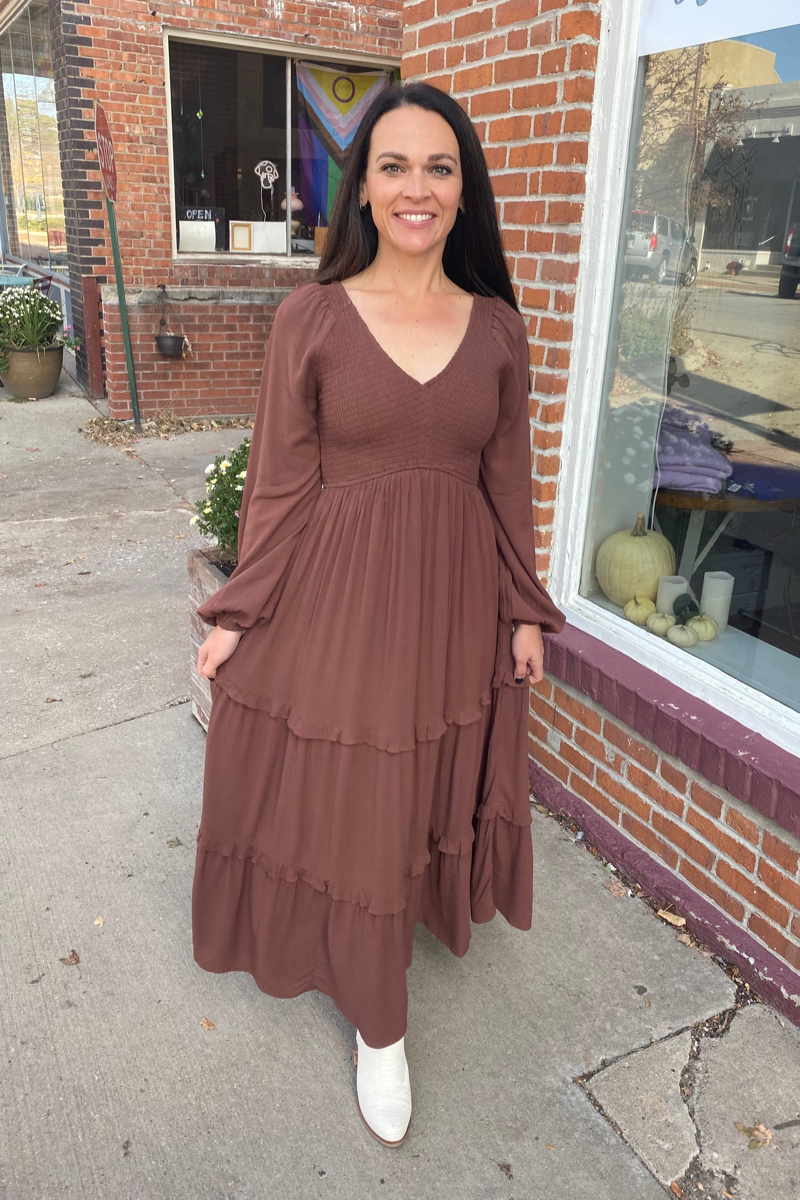long sleeve dress, brown maxi dress