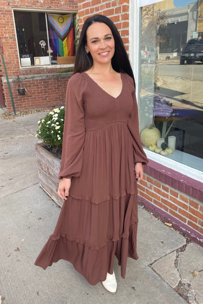 long sleeve dress, brown maxi dress